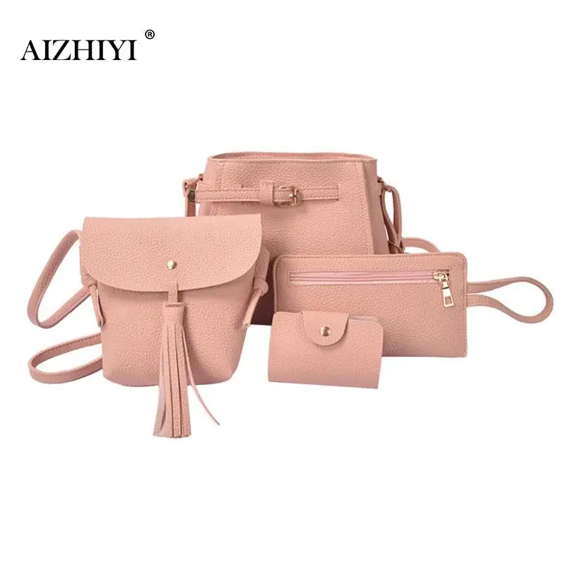 

4pcs/set Shoulder PU Bag Fashion Solid Purse Leather Women Messenger Crossbody Bag Satchel Bags Clutch Card Holder 2019 New