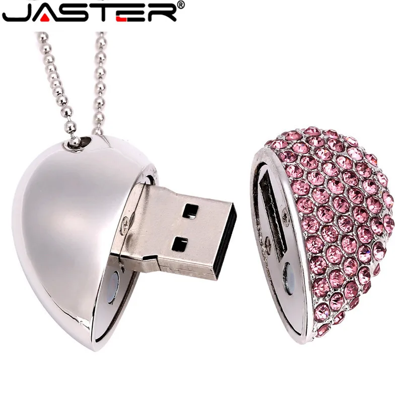 JASTER металлический алмазный USB флеш-накопитель в форме сердца с цепочкой Флешка 4 ГБ 8 ГБ 16 ГБ 32 ГБ 64 ГБ ожерелье карта памяти