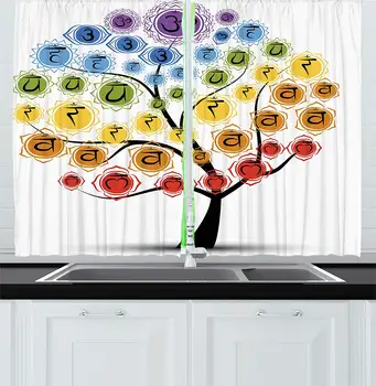 

Chakra Curtains Yoga Tree Branch Chakra Icon Harmony Nature Worship Physical Force Theme Window Decor Panels Set Cafe Multi