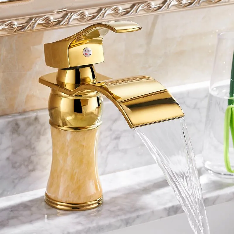 

Gold bathroom faucet Copper main body hot and cold single hole basin Washbasin height Basin European waterfall jade faucet