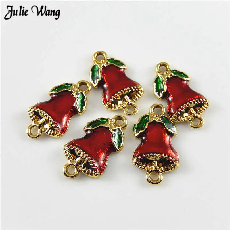 

Julie Wang 5-10pcs Christmas Tree Bell Enamel Charm Pendant Green Red Necklace Making Alloy Xmas Home Decor Accessory Finding
