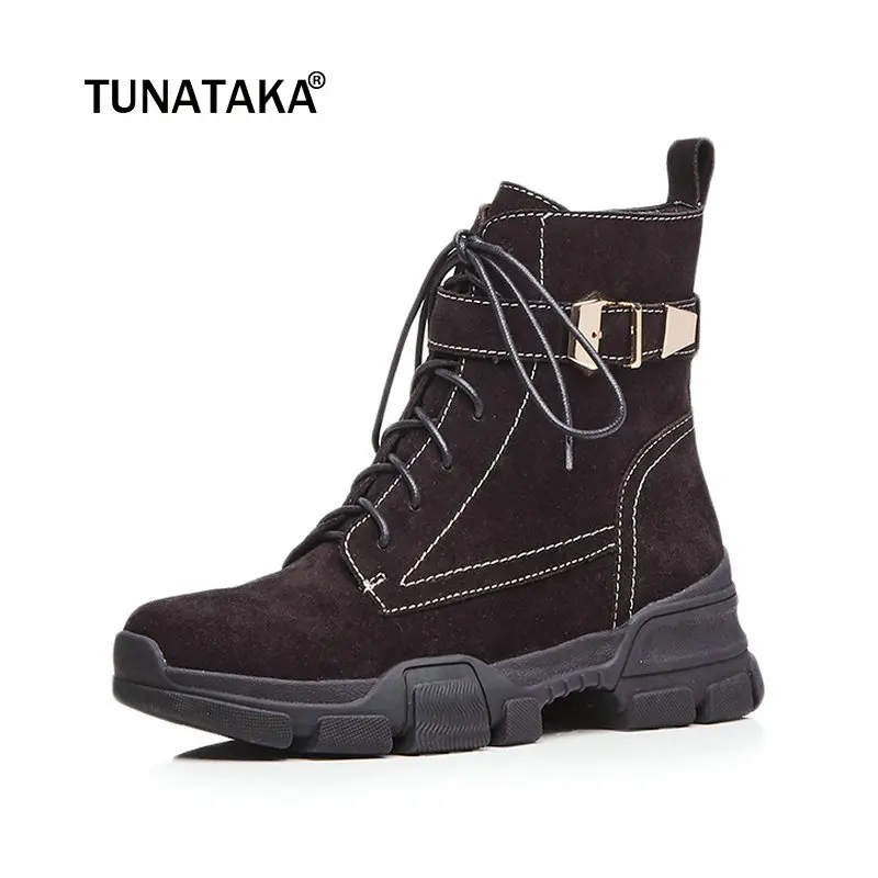

Women Suede Buckle Comfort Flat With Martin Boots Fashion Zipper Round Toe Fall Winter Bootie Black Brown