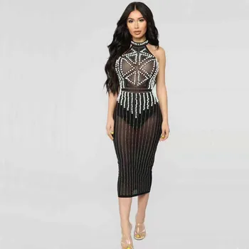 

wholesale 2019 New dresses black Beading Rhinestone fashion luxurious Sexy Night club Celebrity Party bandage Dress(L2788)