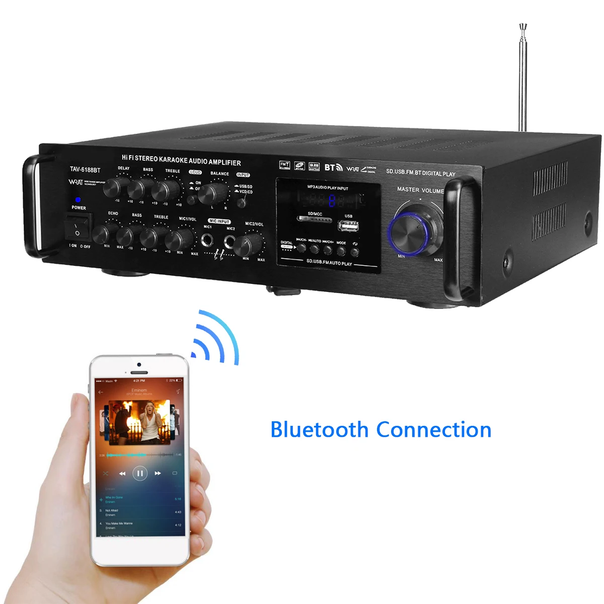 Amplificador de Audio de música Digital para el hogar inalámbrico de 2000 W 4 ohm bluetooth 4,0 versión estéreo amplificador de Karaoke compatible con 2 MIC FM RC Amplificador de Audio de música Digital para el hogar inalámbrico de 2000 W 4 ohm bluetooth 4,0 versión estéreo amplificador de Karaoke compatible con 2 MIC FM RC
