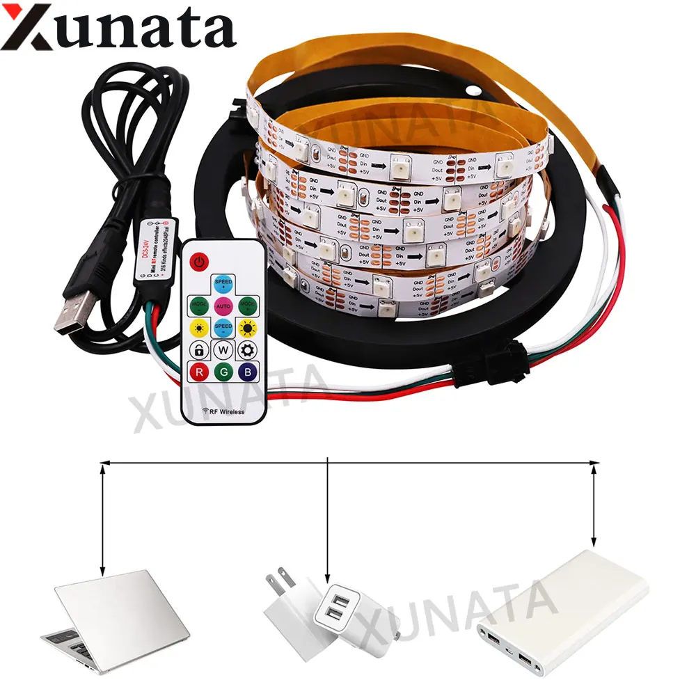 

New Arrival LED Strip Light DC5V WS2812B 30Led/m 60Leds/m IP65 Waterproof Address Led Strip With USB 14Key WS2812B RF Controller