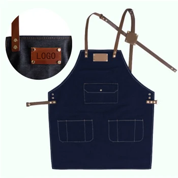 

New Denim cowboy BBQ Apron for Women Men with Pocket Bib Senior Leather Straps Kitchen Apron Barber cooking Waitress Print Logo