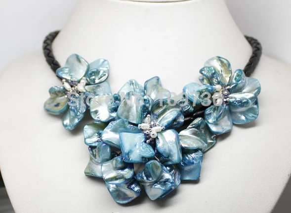 

Jewelr 003960 blue MOP shell + pearl glass flower pendant necklace 18"long Fashion Jewelry