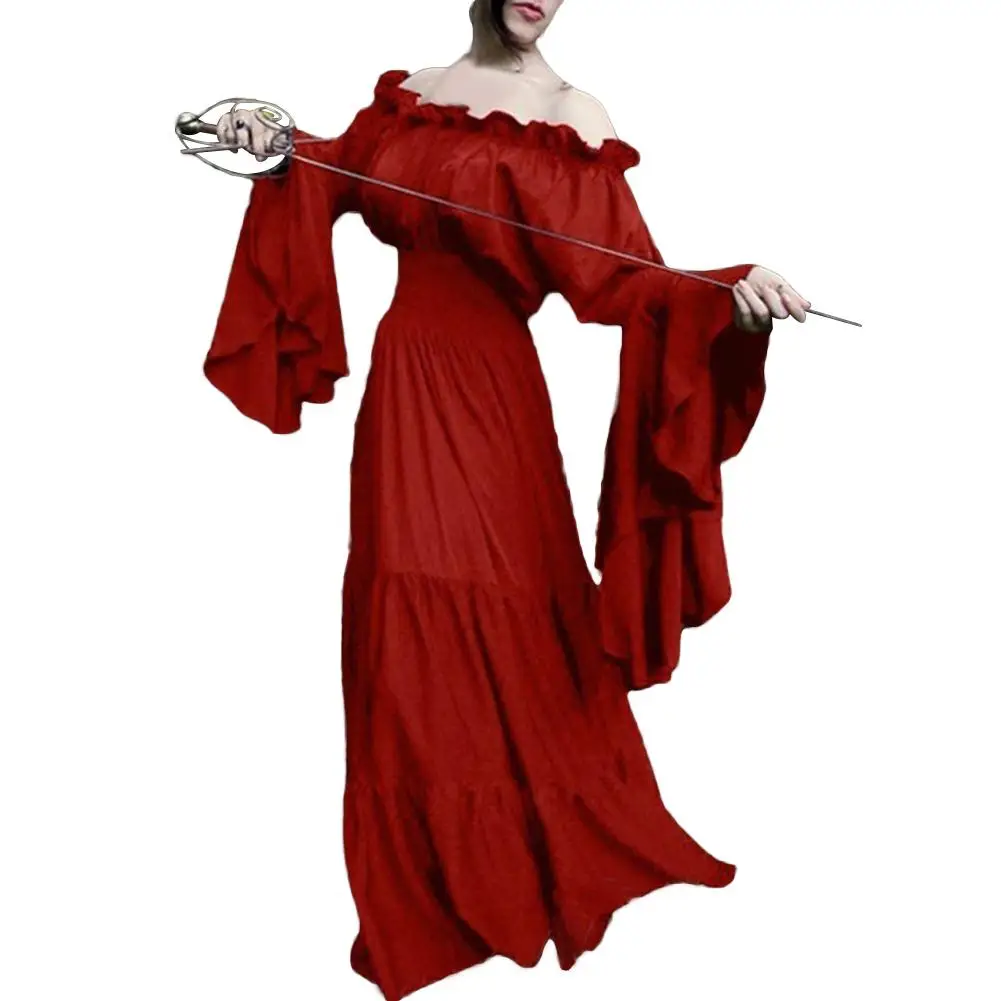 

Medieval Renaissance Off Shoulder Flare Sleeve Solid Color Women Maxi Dress hot