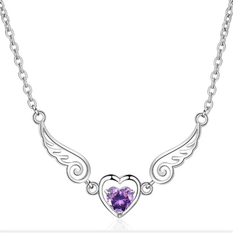 

New Popular Fashion Jewelry 925 Sterling Silver Personality Angel Lovers Purple Crystal Pendant Clavicle Chain Necklaces N1