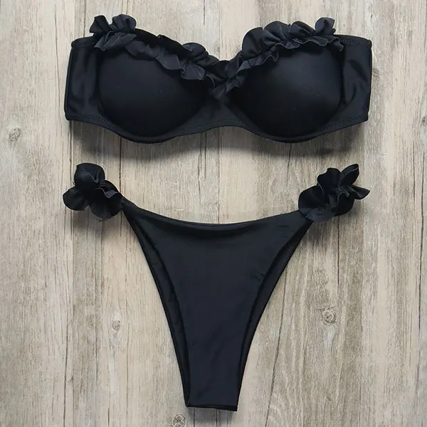 RXRXCOCO бренд сексуальный комплект бикини пуш-ап с рюшами женский купальник, бандажный купальник с оборкой купальный костюм Maillot De Bain Femme - Цвет: Black