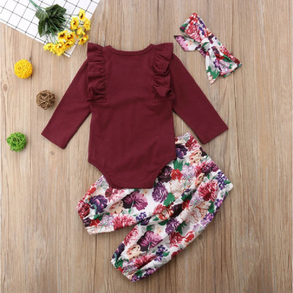 

Baby Suit!!Newborn Kid Baby Girls Floral Print Clothes Jumpsuit Long Sleeve Bodysuit +Skirt 3pcs Outfits Set Size 1-3Y kid suit