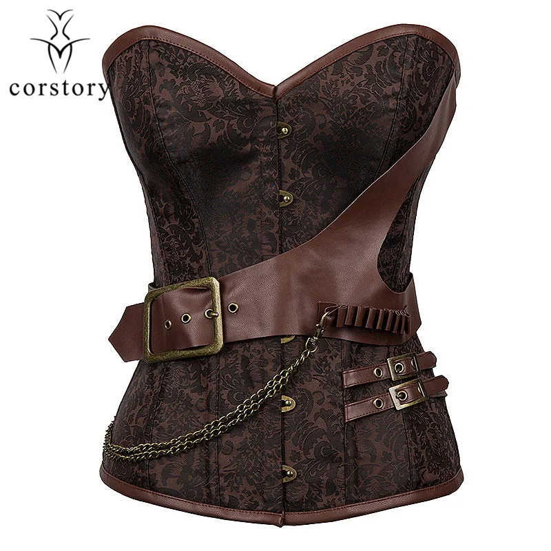Corzzet Vintage Brown Brocade Steampunk Corsets And Bustiers With Steel