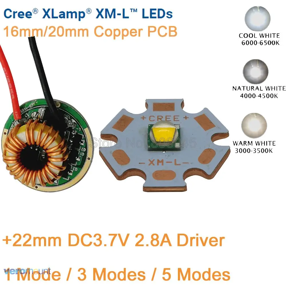 

Cree XM-L T6 10W LED Emitter Cool White Neutral White Warm White 20mm Copper PCB+22mm DC3.7V 2.8A 1 Mode /3 Mode /5 Mode Driver