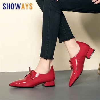 

2019 British Women Derbies Red Soft Patent Leather Pointed Toe Flats Retro Oxford Casual Office Lady Slip-on Dress Brogues Shoes