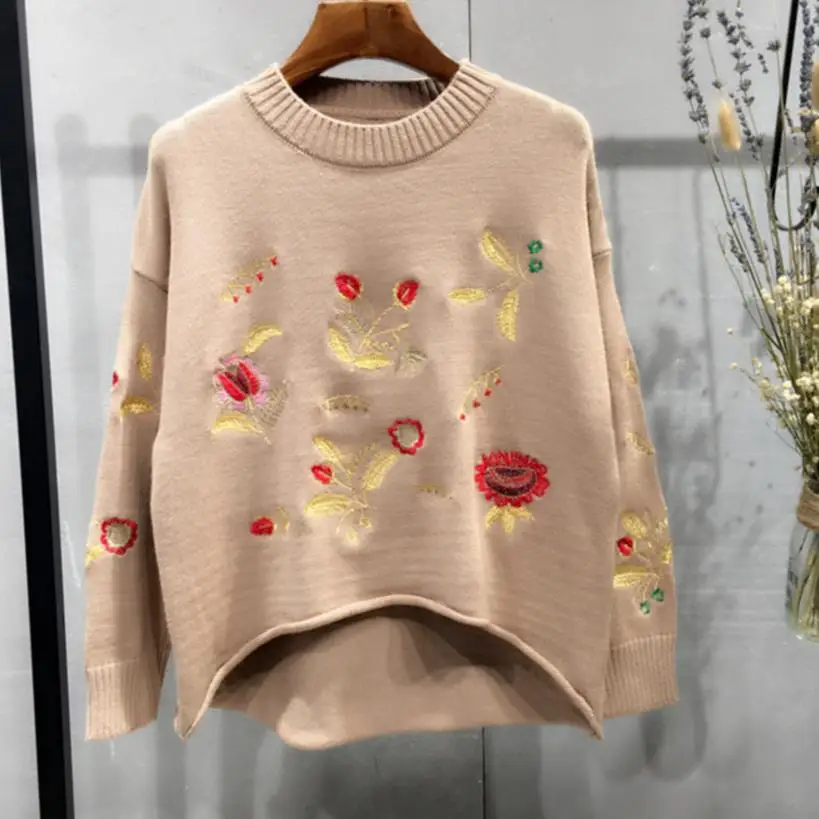 Сезон осень-зима; с цветочной вышивкой; свободные пуловеры, свитера для женщин jaqueta feminina