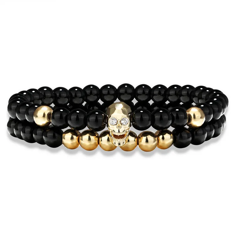 

2PCS/ Steampunk Metal Smile Skeleton Bracelet Set Elastic Black Bead Chain Bone Men's Bracelet Set Men's Hand Jewelry
