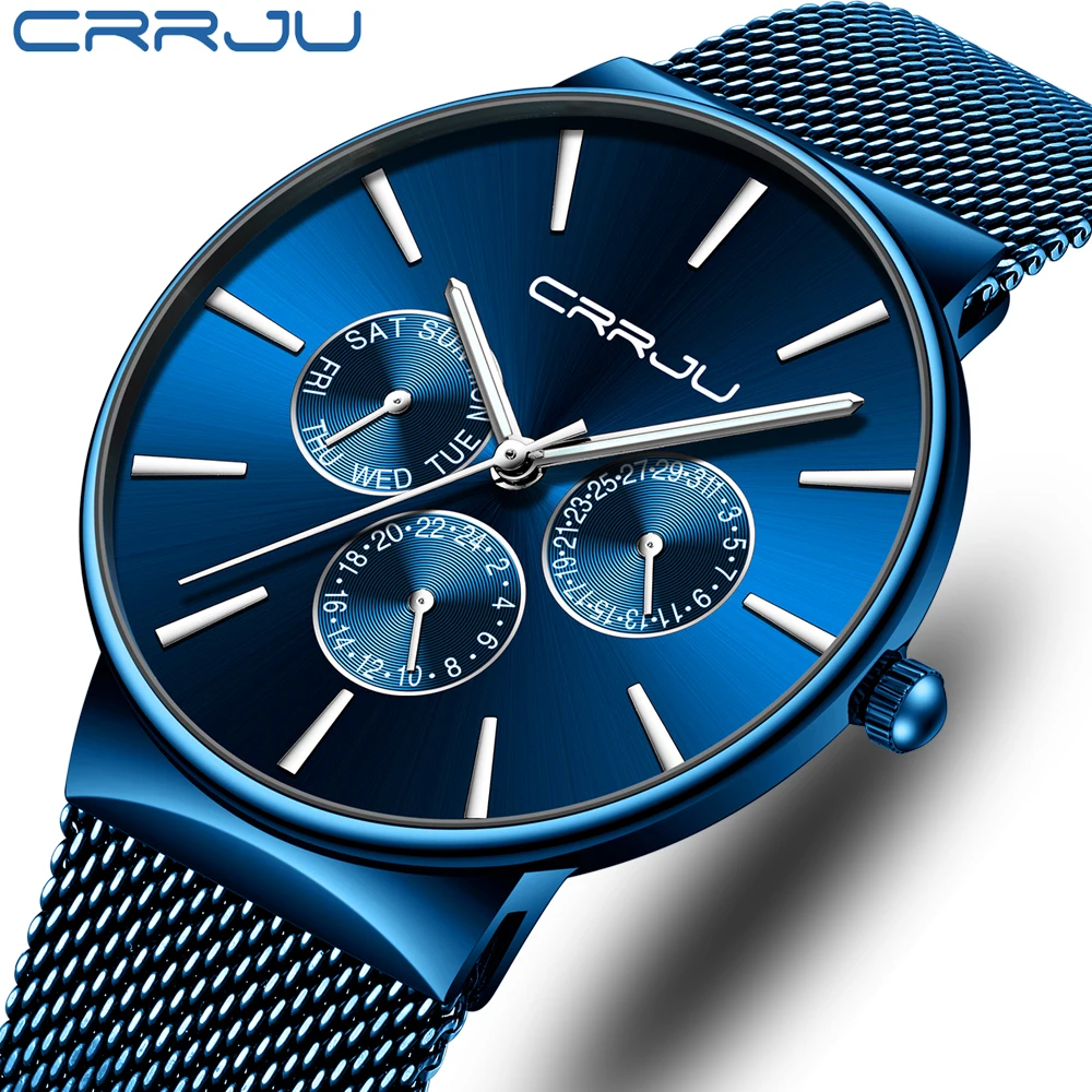 

Top Luxury Brand CRRJU 2019 New Stylish Men Watch Creative Design Blue Mesh Strap Wristwatch Casual Waterproof Watch Relogio