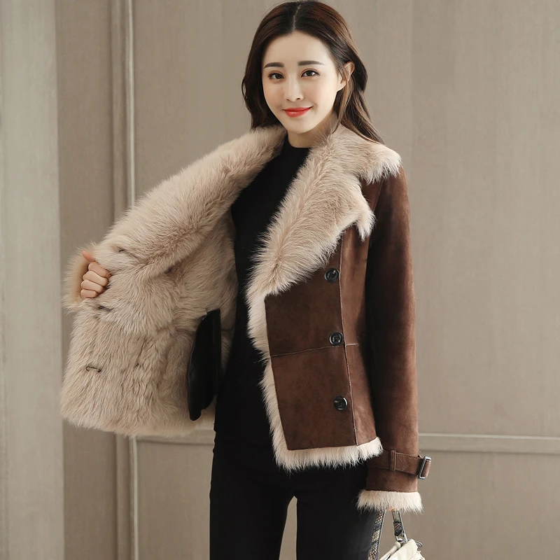 New 2018 Winter Women Faux Fur Lining Sheepskin Coat Female Short ...