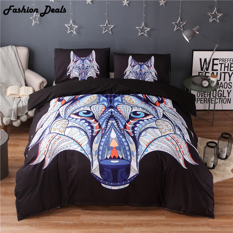 

Bohemia 2/3pcs Colorful Wolf Head Pattern Bedding Set Quilt Duvet Cover Set with 2 Pillow Shams Bedclothes Hippie Gypsy Bedding