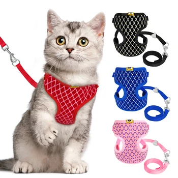 

Mesh Cat Harness and Leash Set Rhinestone Breathable Cat Collar Harnesses Vest Pet Traction for Small Medium Dog Cat Puppy