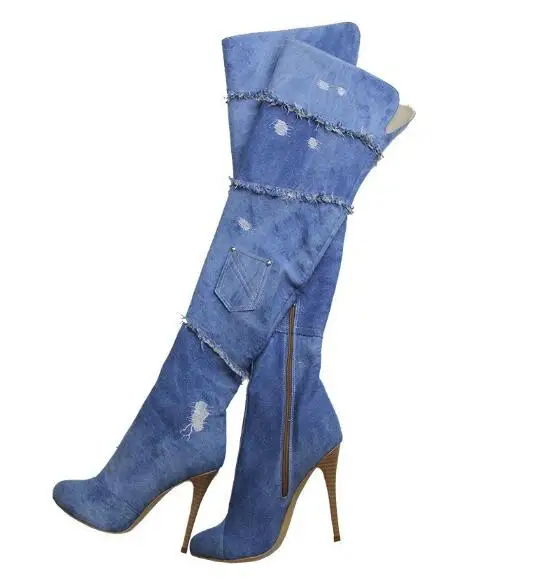 

2017 woman thin heels boots hot selling cutouts denim blue thigh high boots sexy pointed toe over the knee high heel boots