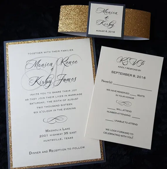 Top Bespoke Gold or Silver Glittering Wedding Invitations with RSVP 1