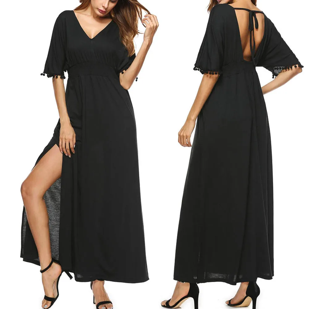 Solid Slim Backless Maxi Dress Half Sleeve Women Dresses Casual Summer