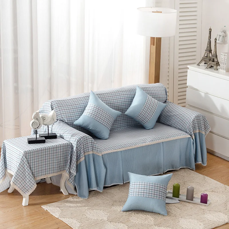 Buy SunnyRain Polyester Plaid Blue I Shaped Sofa Cover