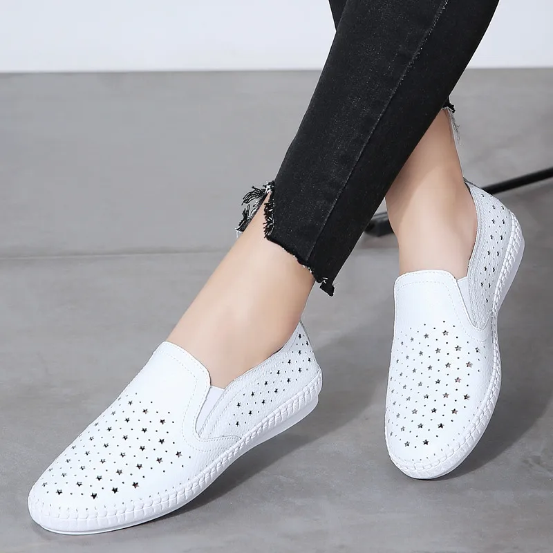 Женская обувь на плоской подошве; Повседневная Удобная Летняя обувь белого цвета без застежки; дышащие кожаные женские лоферы; mocasines de mujer