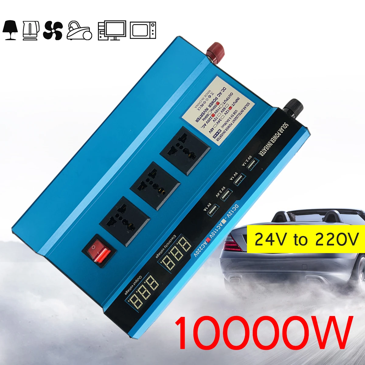 

Voltage Transformer Car Solar Power Inverter Sine Wave AC220V PEAK 10000W DC12/ 24V to USB Converter Digital Display Protect