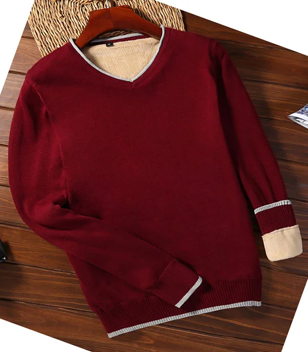 Мужской свитер плюс бархат зимний Корейский Стиль Тренд v-образный вырез тонкий мужской пуловер свитер сплошной цвет черный красный синий M26 - Цвет: dark red