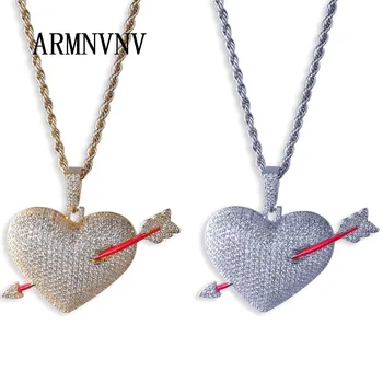 

ARMNVNV Bling Bling Iced Out Heart With Red Arrow Necklace Pendant Cubic Zirconia Gold Silver Color CZ Rope Chain Hiphop Jewelry