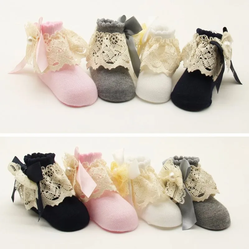 1 пара, кружевные носки с цветами для малышей от 0 до 12 месяцев, милые хлопковые носки принцессы с бантиками для маленьких девочек