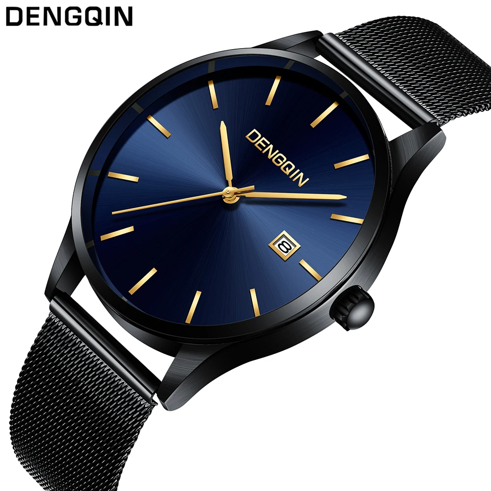 Простые часы для Для мужчин DENGQIN Лидирующий бренд Нержавеющая сталь Для мужчин модные часы простой разработан кварцевые наручные часы