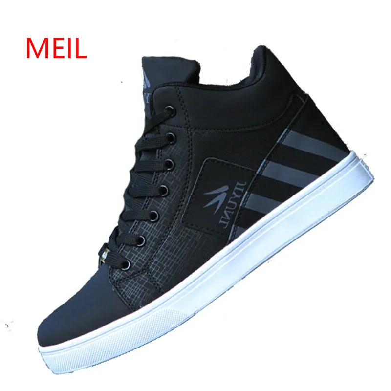 

2018 New Fashion Men Casual Leather Shoes Men Microfiber Lace Up Flats Outdoor Leisure Shoes high top Height Increasing sneakers