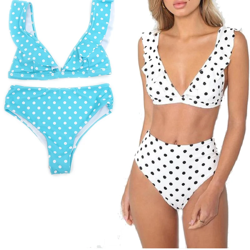 

European and American Point Decorative Women's Swimming Suit Bikini Set Printed Sexy Lotus Edge Split Bikini Swimming Suit