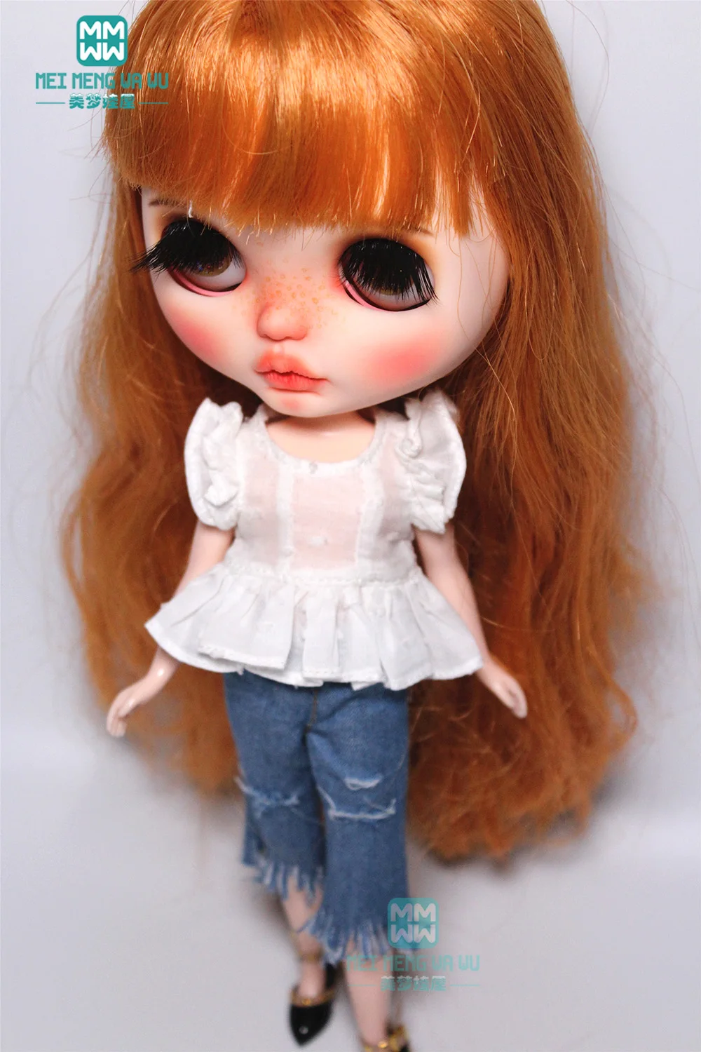 

1PCS Blyth Doll Clothes fashion white shirt, shredded jeans for Blyth , Azone, obitsu, FR 1/6 doll