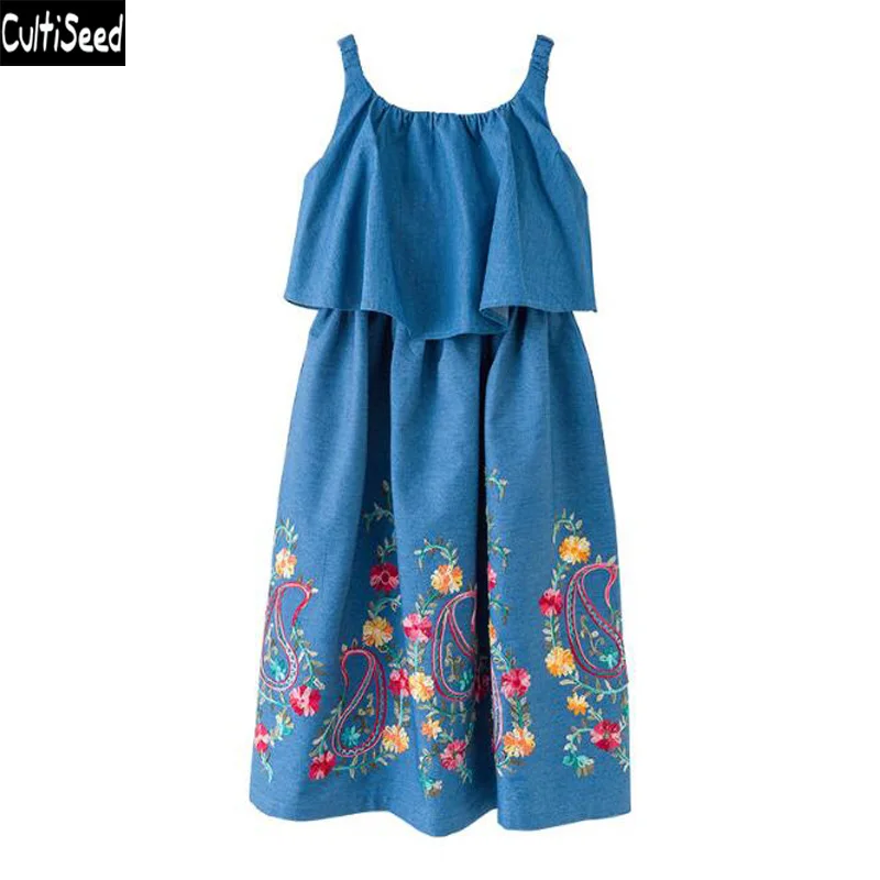 Cultiseed для взрослой девочки, джинсовые куртки детское платье летнее платье на бретельках Вышивка с цветочным принтом вечерние платье Дети оборками хлопчатобумажные джинсы, платья