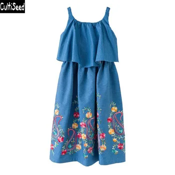 

Cultiseed Big Girl Jeans Dress Children Summer Spaghetti Strap Embroidery Floral Party Dress Kids Ruffles Denim Jeans Dresses