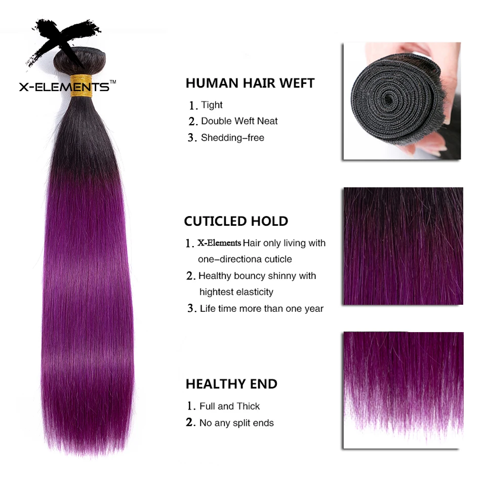  X-Elements Colored Human Hair Bundles T1B Purple27 30 39J Ombre Straight Hair Weaves Non-Remy Brazilian Hair Extensions 1 Pc (2)