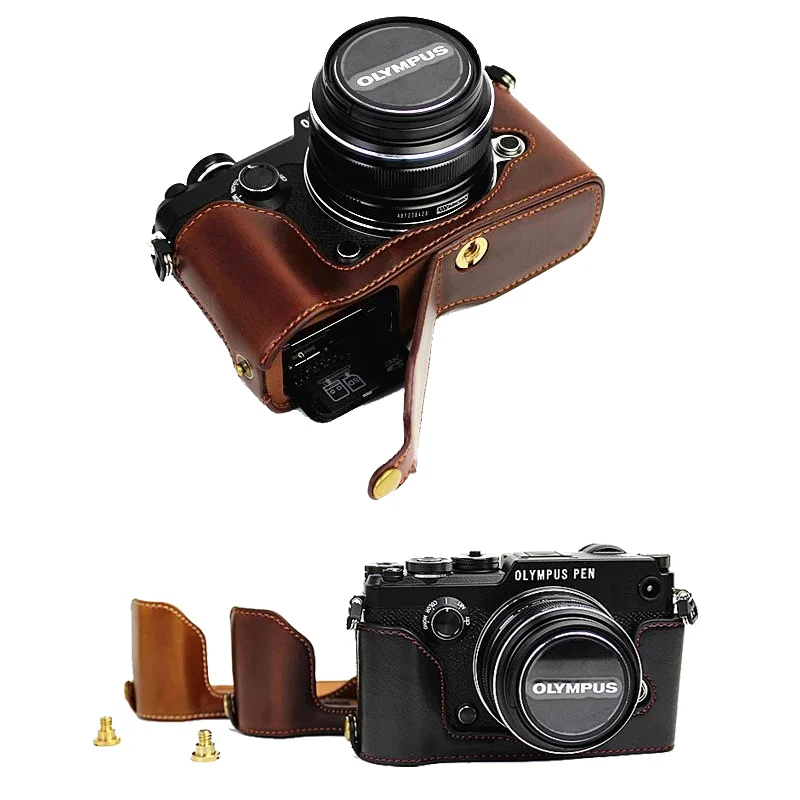 Beste Nieuwe Pu Leer Camera Tas Half Body Cover Voor Olympus Pen F Pen F PEN F Camera Tas Nemen Batterij ontwerp