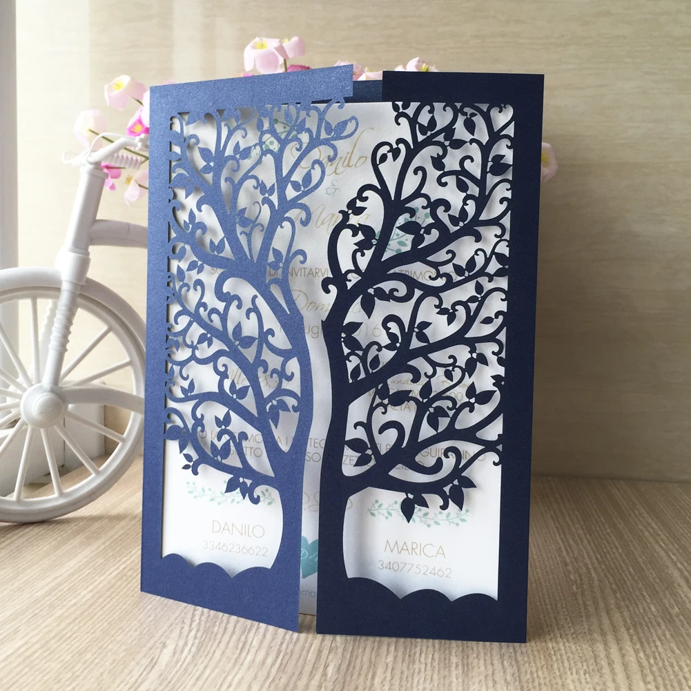

Navy Blue 12pcs/lot hot new laser cut chic tree design wedding invitations wedding decoration party paper craft greeting cards