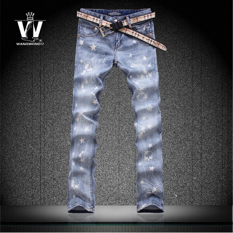 Light blue drawing skull stars print summer flower trousers mens elastic jeans men top brand outerwear