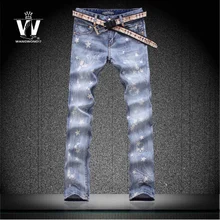 Light blue drawing skull stars print summer flower trousers mens elastic jeans men top brand outerwear