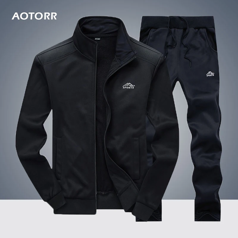 

2019 Men's Casual Tracksuit Men 2 Pieces Set Autumn Spring Polyester Fleece Sweatshirt Gyms Jacket+Pants Male Sweat Jogger Suits