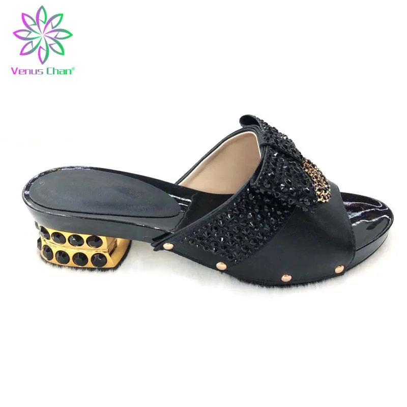 

New Arrival Black Color Women High Heel Shoe Leather Good Quality Shining Rhinestone Female Italian Shoe African Wedding Shoe