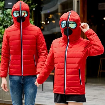 

Personality Lovers Cosplay Mask Down Jacket Men Women Motorcycle Outerwear Clothes Hooded Parka Fashion Winter Casaco Masculino