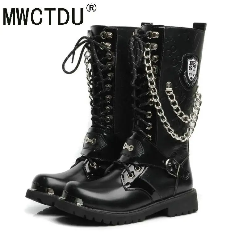 MWCTDU Army Boots Men High Military Combat Men Boots Mid Calf Metal Chain Male Motorcycle Punk Boots Spring Men's Shoes Rock