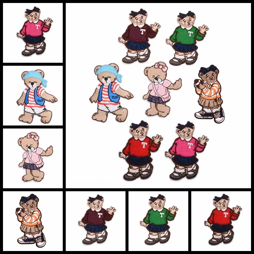 

Exquisite Colorful Brown Bear Patches for Clothes Iron On Bears in Different Clothes Appliques 3D Diy Coat Jeans Sticker Decor