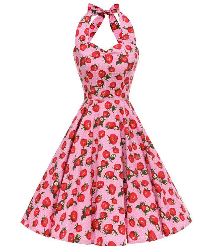 Для женщин красная вишня вечерние платье Винтаж в стиле 50-х Хепберн платье Элегантное летнее цельное платье без бретелек для свинга в стиле ретро с лямкой на шее в стиле пин-ап платье